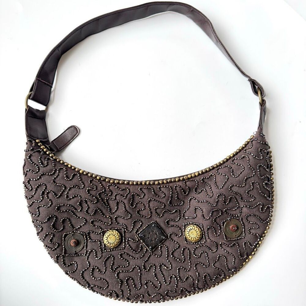 Vintage Beaded Made In India Brown Crescent Mini Shoulder Bag Party Purse Zipper